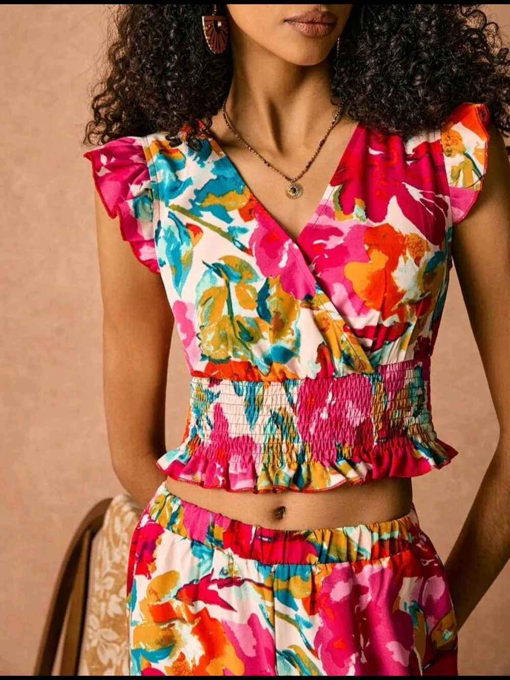 SHEIN Pink Multi Floral Wide-Leg Pants & Smocked Crop Top Set